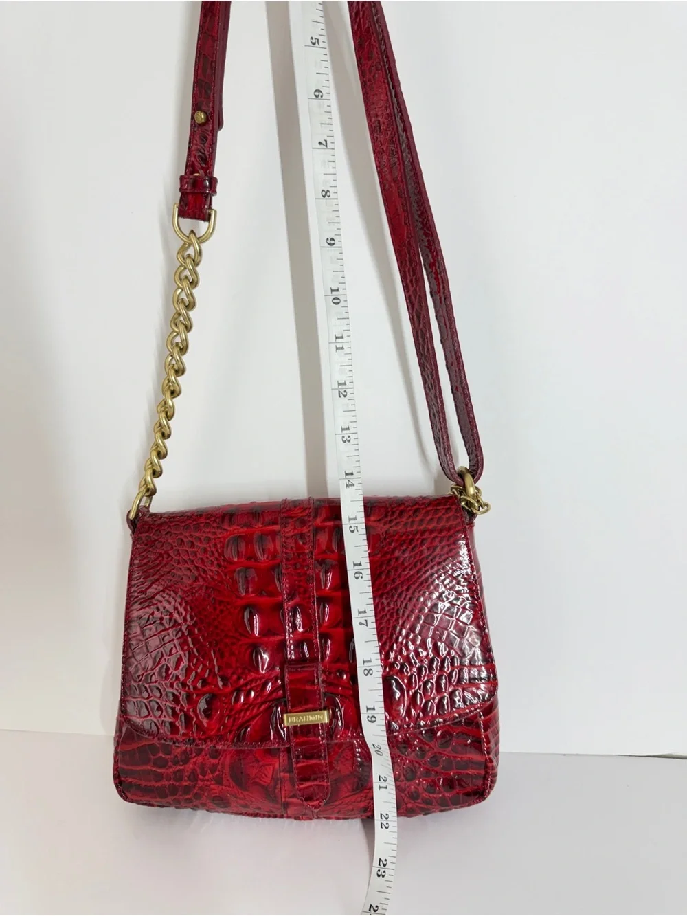 Vtg Brahmin Women's Shoulder Bag Red Croc Embossed Leather Small Gold Chain Lux
